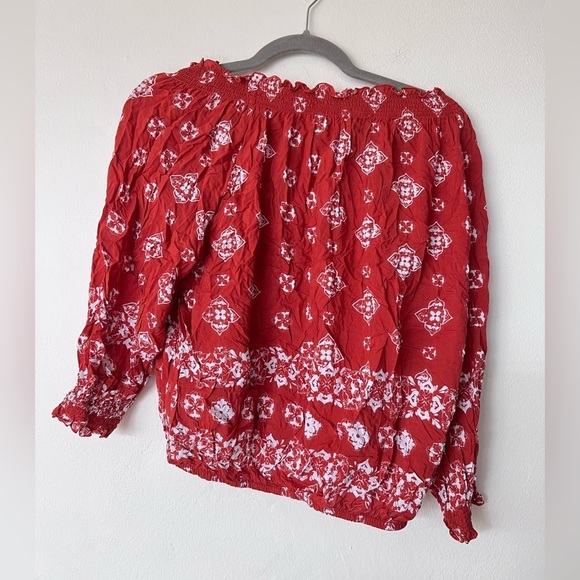 Faithfull The Brand Red and White Off The Shoulder Long Sleeve Top - Picture 2 of 4